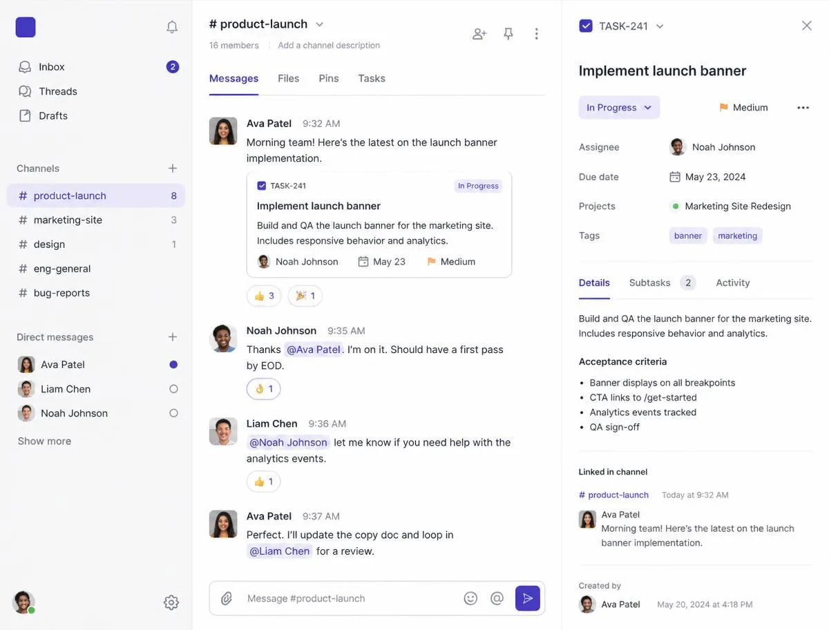 Team conversation thread with a linked work item panel