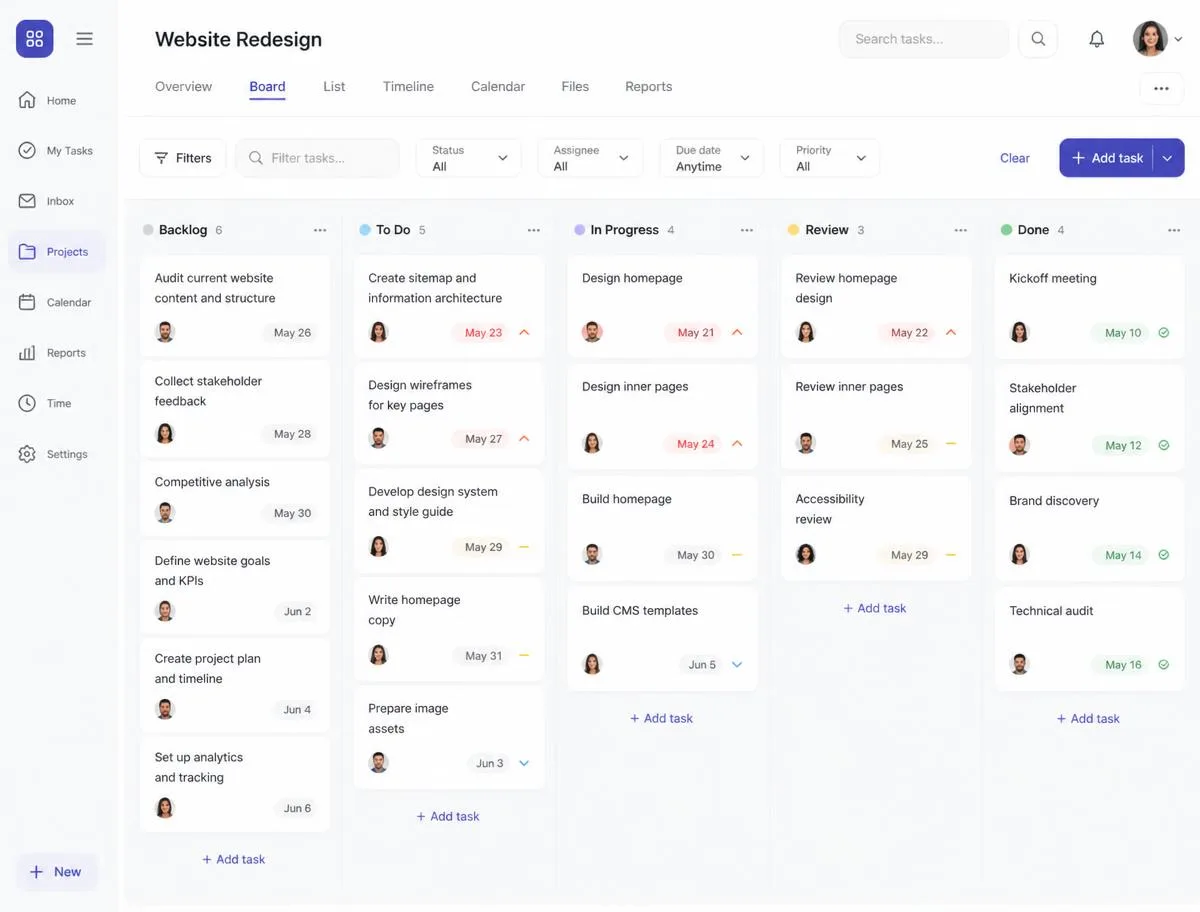 Operations board with task columns, assignees and due dates